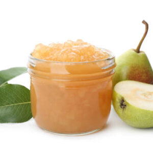 Delicious pear jam and fresh fruits on white background