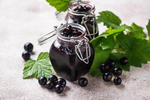 Black currant jam in jar. selective focus